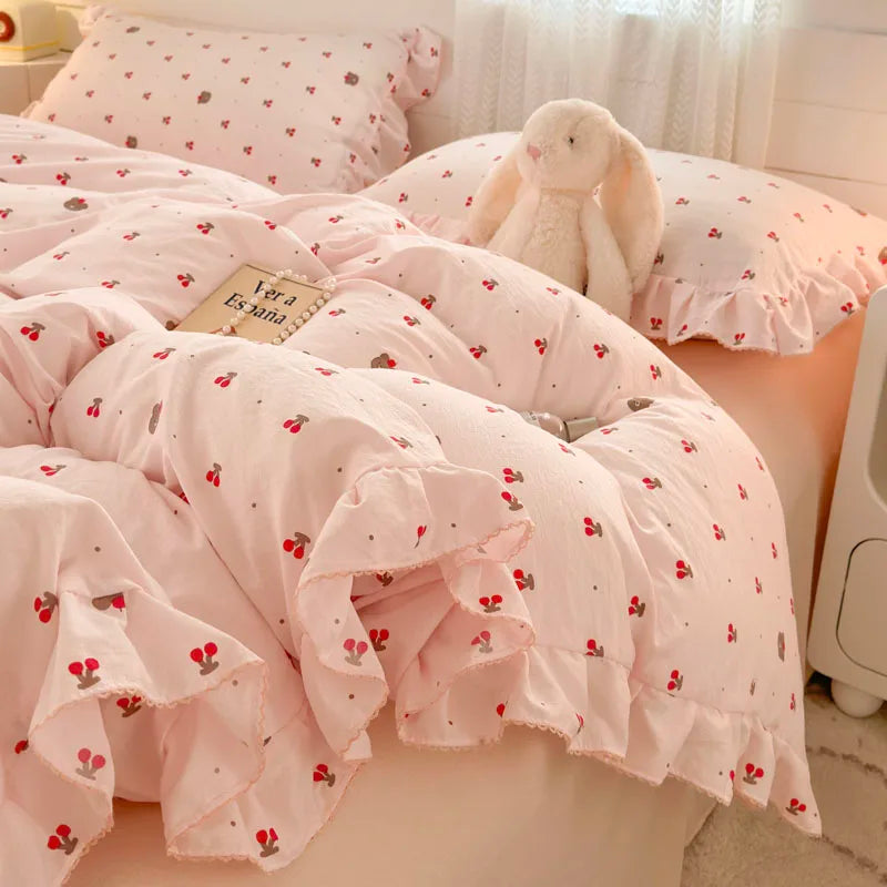 Princess Style Bedding Set with Ruffle Lace and Bow – Romantic Duvet Covers for Twin, Full, and Queen Beds