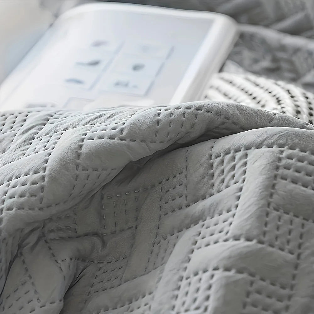 Morandi Color Bed Cover Set – 3 Pieces, Geometric Pattern, 100% Polyester Fiber, Available in Multiple Sizes