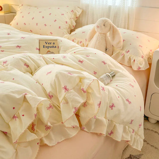 Princess Style Bedding Set with Ruffle Lace and Bow – Romantic Duvet Covers for Twin, Full, and Queen Beds